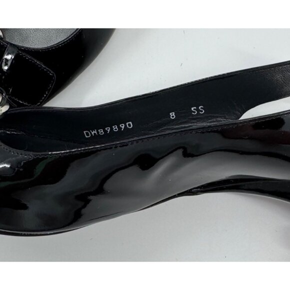 Stuart Weitzman Patent Leather Peep-Toe Slingback Heels Silver Buckle Narrow 8SS - Picture 4 of 10